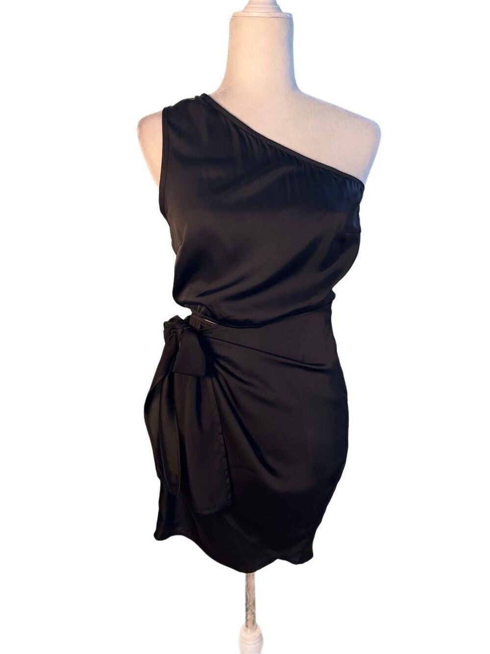 NWT BTFBM one shoulder black mini dress with faux wrap bottom - S